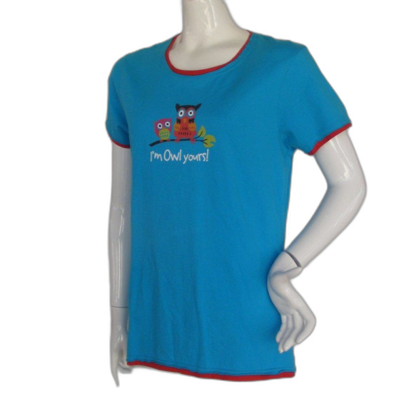 LAZY ONE Sleep Shirt, L, I'm OWL yours!, Blue, Red Ringer trim, Birds, Tree limb - Picture 4 of 9